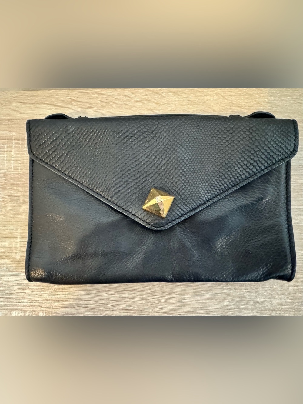 Linea Pelle Black Envelope Clutch with Gold Pyramid Stud